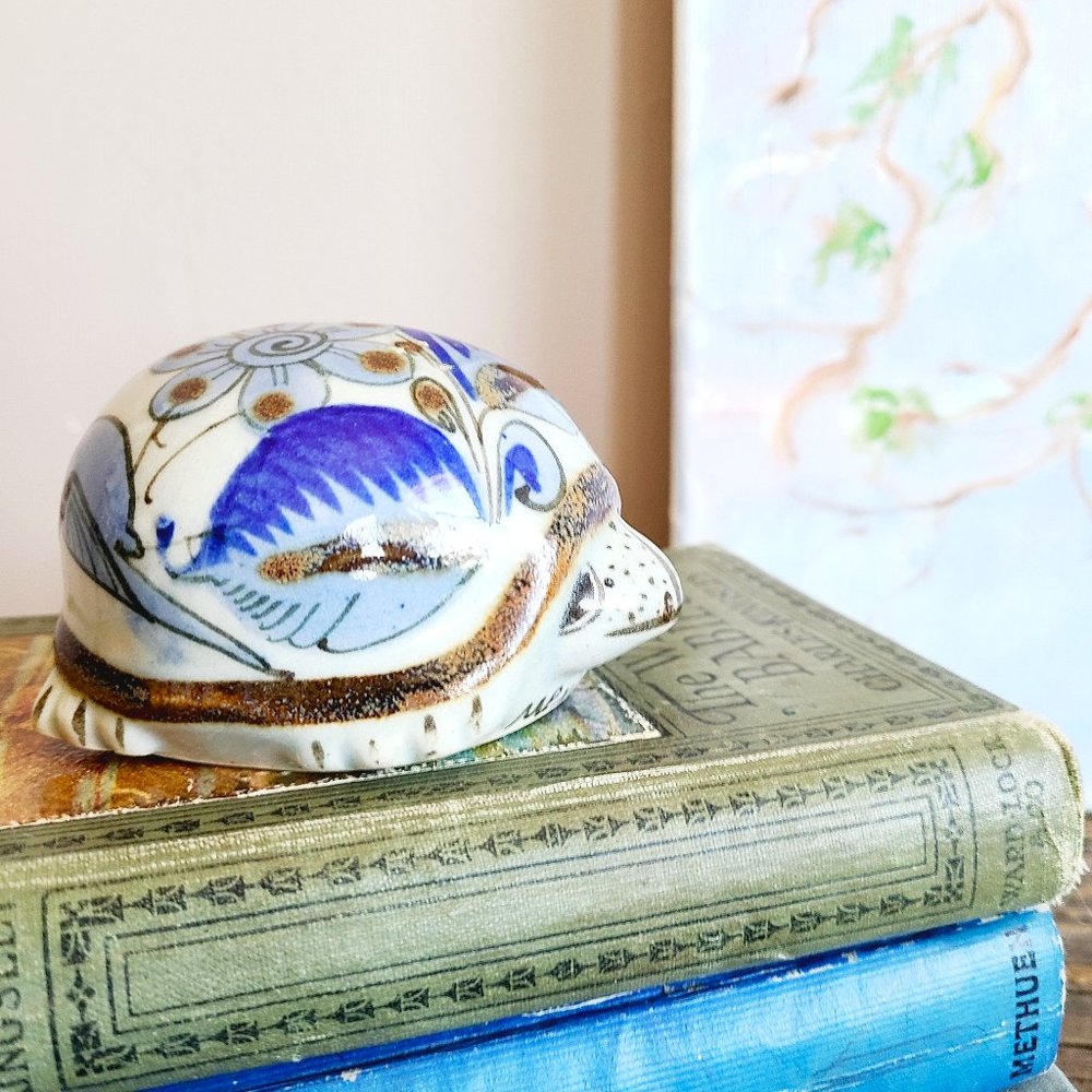 Vintage Mexican Tonala ceramic hand painted turtle figurine.